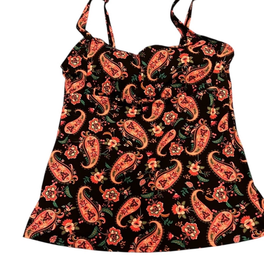 NWT Lands End sz 8 black paisley tankini top black coral paisley summer beach